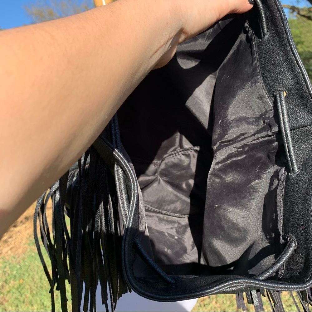 Victoria’s Secret Black Faux Leather Fringe Bucket Bag Backpack Purse - Picture 7 of 12